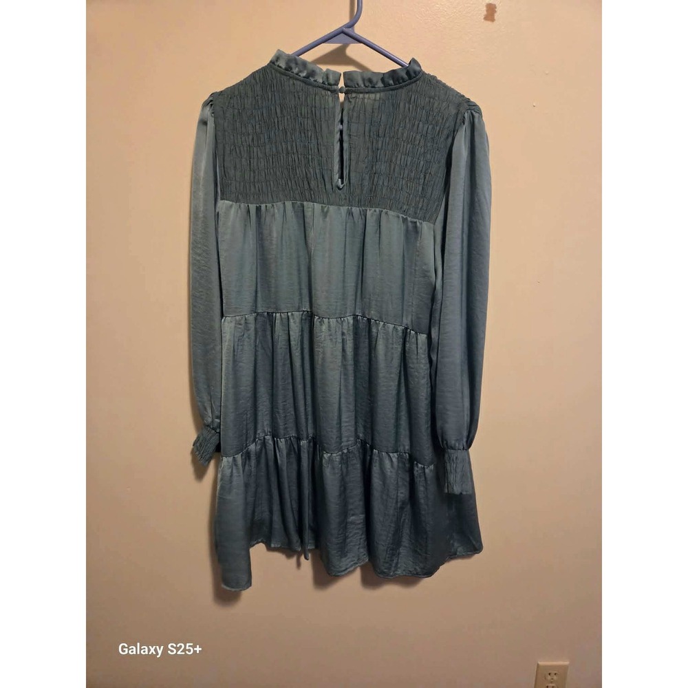 THML Tiered Babydoll Dress Womens Small Sage Green Good Smocked Ruffle Mini - Picture 2 of 4